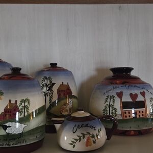 Hand-Painted Ceramic Canister Set with Cream Teapot Set Of 4